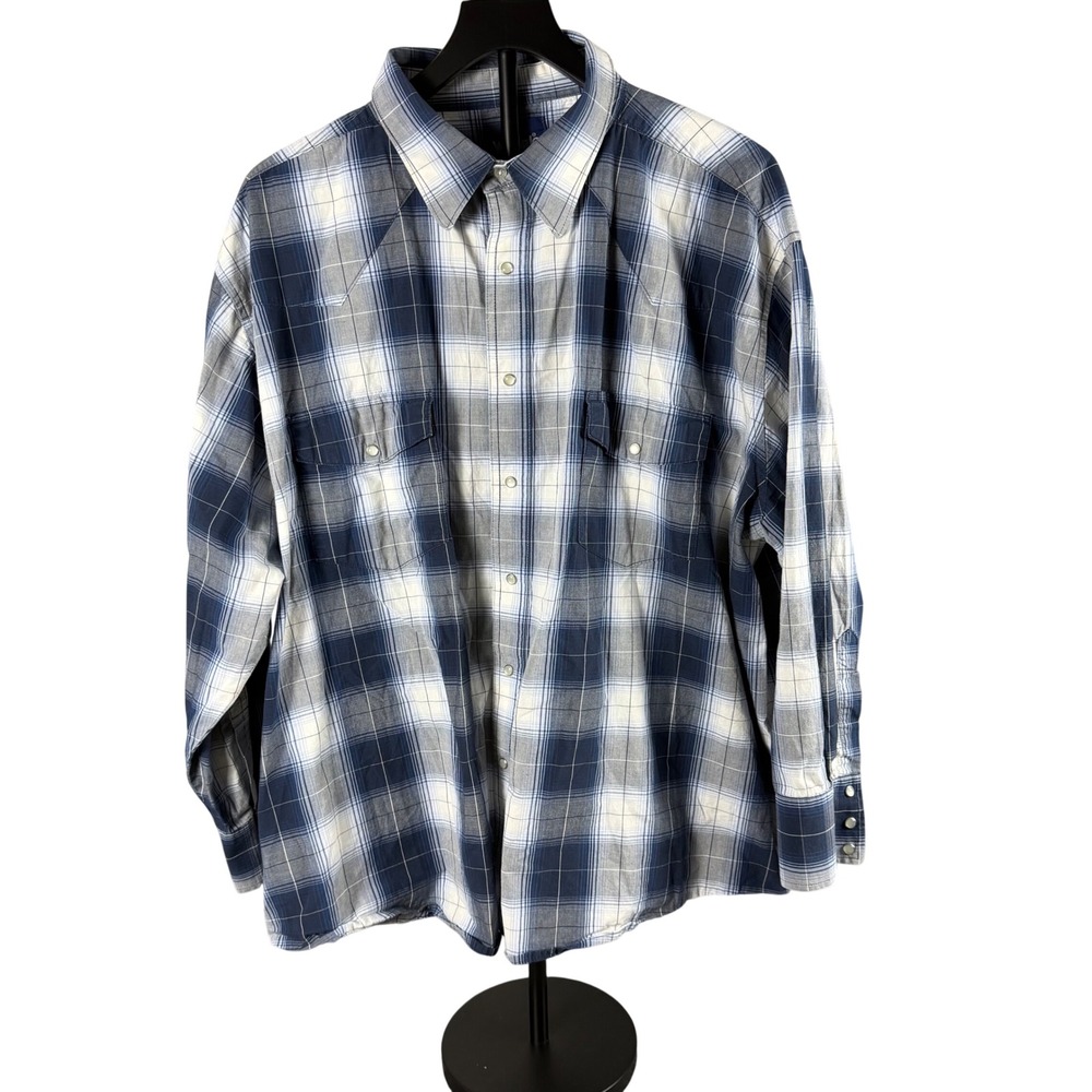 Wrangler Mens Blue White Plaid Western Snap Shirt 3XL MWR031M